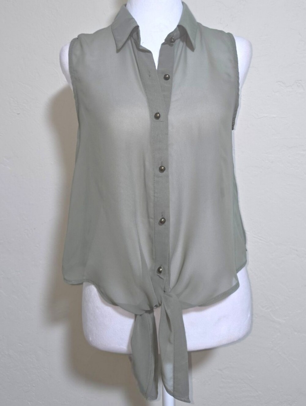 Poetry Olive Gray Sheer Sleeveless Button Tie Front Blouse, M, Boho Mimimalist